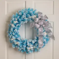 Northlight Pre-Lit Flocked Pine ArtificialChristmas Wreath - 24" - Sky Blue - Clear Lights