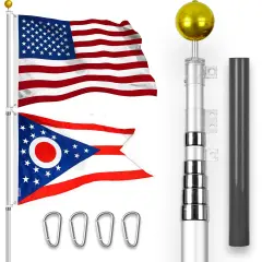 G128 Combo Pack: 25 Ft Telescoping Aluminum Flagpole (Silver) & American and Ohio Flags 3x5 Ft, Both StormFlyer Series Embroidered 220GSM Spun Polyester | Pole with Flags Included