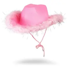 Cowboy Hats for Women and Men - Fluffy, Sparkly Pink Cowgirl Hat with Feathers for Costume, Dress Up Birthday, Party
