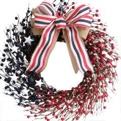 18 Inch Patriotic Red White Blue Berries Wreath for Front Door, 4 of July Memorial Day Independence Day Burlap Bow Wreath for Home Decor, American Flag Day Wreath for Indoor and Outdoor Use