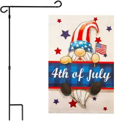 G128 Combo Pack: Garden Flag Stand 36x16IN & Garden Flag 4th of July Gnome Printed 12x18IN Double Sided