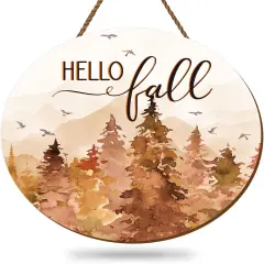 Hello Fall Forest Wooden Hanging Sign Rustic Watercolor(Brown, Beige)