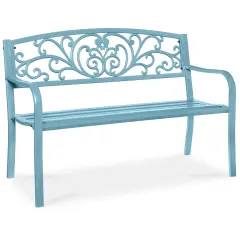 Best Choice Products Outdoor Steel Bench Garden Patio Porch Furniture w/ Floral Design Backrest Sky Blue