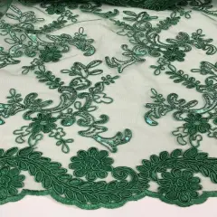 1 Yard Hunter Green Corded Sequin Lace Mesh Fabric with Double Scalloped Edge 54&rdquo; Wide