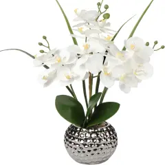 Orchids Artificial Flowers, 20'' White Faux Orchid with Silver Vase Fake Phalaenopsis Flowers for Home Table Living Room Office Kitchen Decor