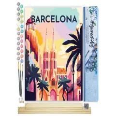 Figured'Art Paint by Number for Adults Travel Poster Barcelona 16"x20" - Craft Art Painting Rolled Canvas with DIY Wooden Frame