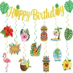 Hawaiian Happy Birthday Banner,Luau Birthday Party Decorations Aloha Summer Beach Themed Glittery Flower Garland Tiki Flamingo Pineapple Palm Leaves Tropical Party Decorations for Birthday Decor