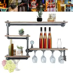 Industrial Wine Racks with 4 Stem Glass Holder Wall Mounted Rustic Metal Shelf