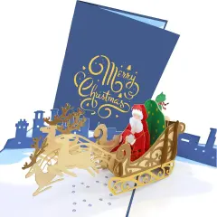 Santa's Sleigh and Reindeer Pop Up Christmas Card, Handmade 3D Holiday Greeting, Blank Merry Christmas Note, Small Stocking Present for Friends and Family, Naughty or Nice