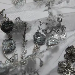 1 Yard ST Tulle Lace Fabric Embroidered Applique Beautiful 3D Floral Pattern 52/54" Wide Silver