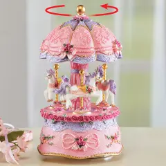Collections Etc Pink Ceramic Carousel Music Box with Golden Accents