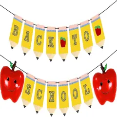 Pencil Back to School Banner Red Apples Balloons