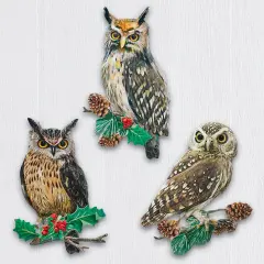Collections Etc Owls with Holly & Pinecones Metal Wall Art - Set of 3