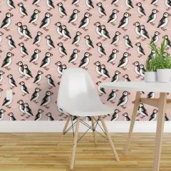 Pre-Pasted Wallpaper 2FT Wide Puffin Puffins Fish Birds Winter Blush Custom Pre-pasted Wallpaper by Spoonflower