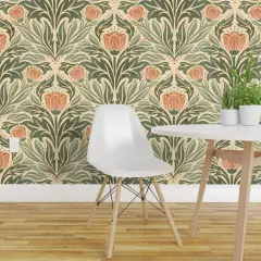 Peel & Stick Wallpaper 2FT Wide Block Print Floral Orange Tulip Damask Rustic Farmhouse Flowers Green Leaves Custom Removable Wallpaper by Spoonflower