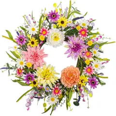 Artificial Summer Wreath 22 Inch Floral Wreaths for Front Door Summer Wreath with Dahlia Daisy Flowers for Indoor Porch Wall Holidays Easter Celebrations