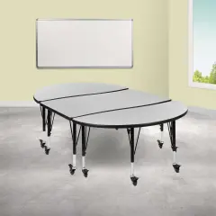 Emma and Oliver 3PC Mobile 76" Oval Wave Collaborative Grey Kids Adjustable Activity Table Set
