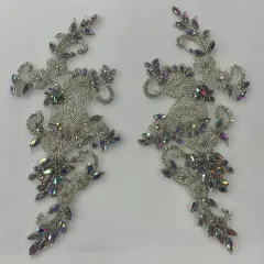 1 Pair Crystal Rhinestone Beaded & Corded Lace 100% Polyester, 12" x 5" Each Side Silver AB
