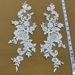 1 Pair Beaded & Corded Floral Lace Applique Embroidered on 100% Polyester Net Mesh 15" X 3.5" Each Side White/Silver