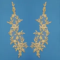 1 Pair Beaded & Corded Floral Lace Applique Embroidered on 100% Polyester Organza 13" x 4" Each Side Ivory /Gold