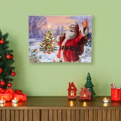 Northlight Lighted Santa with Christmas Tree Canvas Wall Art - 11.75" x 15.75" Red