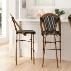 Merrick Lane Sacha Set of Two Stacking Bistro Bar Stools with PE Seats and Backs and Metal Frames for Indoor/Outdoor Use Black&White/Natural
