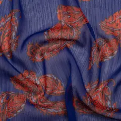 1 Yard Red and Blue Paisley Crinkled Polyester Chiffon Fabric Metallic Silver Pinstripes 56 Inches Width
