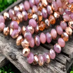 *25* 6x8mm Copper Washed Etched Pink Opal Fire Polished rondelle Beads