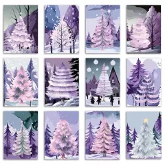 Purple Winter Christmas Greeting Cards Boxed Set &ndash; 24 Holiday Notecards Featuring 12 Enchanting Tree Designs, Perfect for Stylish and Serene Festive Wishes