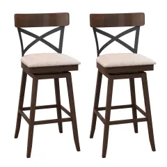 Set of 2 Wooden Swivel Bar Stools with Cushioned Seat and Open X Back