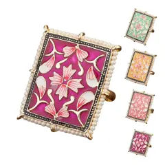 Classic Ring Meenakari Work Designer Adjustable Pearl Finger Ring for Women Minakari Ring with Gold Plating Statement Ring Boho Open Wrap Indian Bollywood Jewelry for Wedding Party Purple