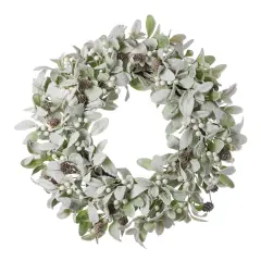 Christmas Snowy Lambs Ear and Holly Berry 24in Wreath-White