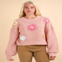 Hand Made Flower Applique Oversized Knit Sweater Top BLUSH