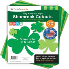 140 Piece Shamrock Cutouts Set: Pre-Cut Green Irish Clover Shapes for School Supplies, Decorating Themed Events Bulletin Board & St. Patrick's Day Decor, US Made Quality Card Stock