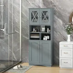 57-Inch Tall Freestanding Bathroom Storage Cabinet with 3 Adjustable Shelves and Acrylic Doors Gray