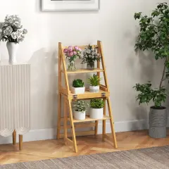 3-in-1 Multi-functional Foldable Display Plant Stand Ladder Chair with 2 Side Locking Buckles Natural