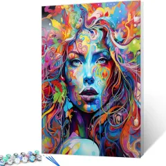 Graffiti Women Portrait Paint by Numbers Kits 16x20 inch Canvas DIY Oil Painting for Kids, Students, Adults Beginner with Brushes and Acrylic Pigment Blue Face Abstract Colorful Woman(without Frame)