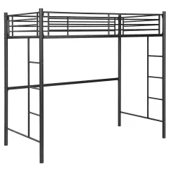 Metal Loft Bed Frame with Dual Ladders, Safety Guardrails and Under-bed Storage Black