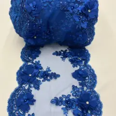 3 Yard Sequin 3D Lace Fabric 22.86 cm Wide Mesh with Pearls, Beads & Embroidery 100% Polyester Royal Blue