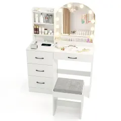 MDF Vanity Table with LED Mirror, Charging Station and Large Storage White