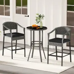 3-Piece Patio Rattan Bar Set with Round Glass Table-Top and 2 Armchairs Gray