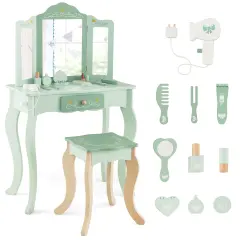 MDF Kids Vanity Set with Mirror, Drawer, Stool, Accessories and Convertible Design Green
