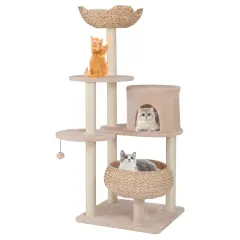 Beige Cattail Cat Tower with 7 Full-Wrapped Scratching Posts and Soft Padded Cushions