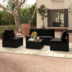 5-Piece Outdoor Patio Furniture Set with Cushions and Coffee Table and Rustproof Steel Frame Black