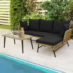 3 Pieces L-Shaped Patio Sofa with Tempered Glass Coffee Table with Metal Frame Black