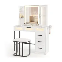 White Vanity Set with LED Sliding Mirror, Charging, & Large Storage