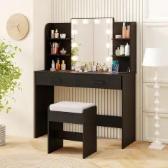 Vanity Set with Lighted Mirror and Stool for Easy Storage and Charging Black