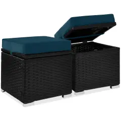 Best Choice Products Set of 2 Wicker Ottomans, Multipurpose Furniture w/ Removable Cushions, Steel Frame Peacock Blue/Black