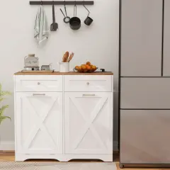 Tilt Out Wooden Trash Can Cabinet with 3 Position Adjustable Shelf and Power Outlets White