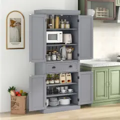 Freestanding Tall Kitchen Cabinet with 3-Position Adjustable Shelves and Large Capacity Drawer Gray